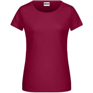 A maroon basic T-shirt with short sleeves and a round neckline. The shirt features a logo on the label.