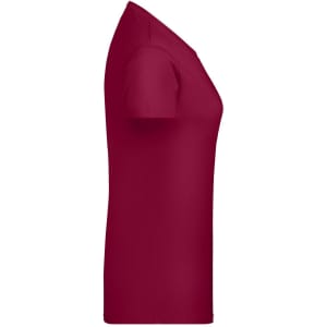 A red T-shirt with short sleeves, featuring a fitted design and a logo.