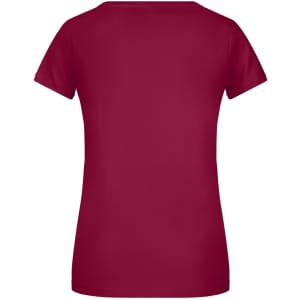 A maroon ladies T-shirt with a classic fit and short sleeves, featuring a branding logo.