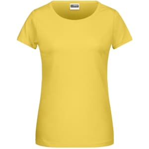 A yellow short-sleeved women's T-shirt with a round neckline and a logo tag.
