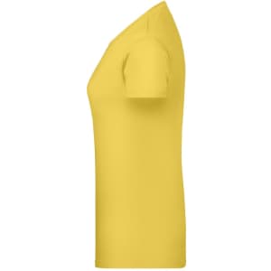 A yellow women's T-shirt with short sleeves and a simple design, featuring a logo.