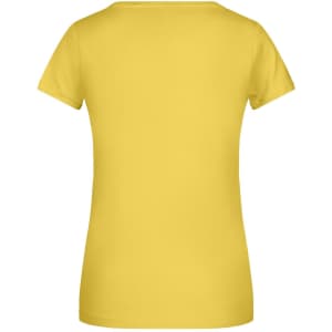 A yellow ladies' basic T-shirt with a plain back and a fitted style. Features a logo at the neckline.