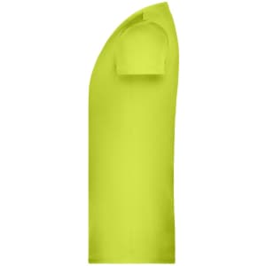 A bright yellow T-shirt with short sleeves and a rounded neckline. It features a branding logo.
