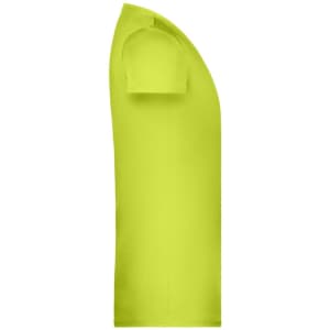 A bright yellow basic T-shirt with short sleeves and a side view. The shirt features a logo.