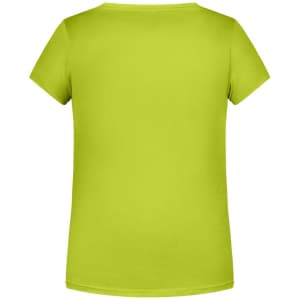 A bright lime green T-shirt with a simple, classic design and short sleeves. It includes a branding logo.