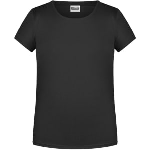 A black basic T-shirt with a round neckline and short sleeves, featuring a logo on the label.