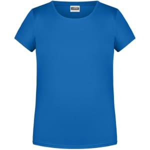 A blue T-shirt with a round neckline and short sleeves. It has a logo on the front.