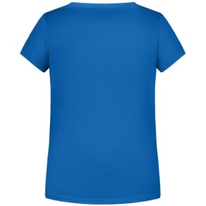 A blue short-sleeve T-shirt with a round neckline and a plain back. It features a logo.