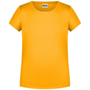 A bright yellow t-shirt with a round neckline and short sleeves. The shirt features a logo on the label.