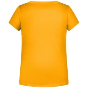 A yellow T-shirt with a classic crew neck and short sleeves. Features a smooth, plain back and has a logo.