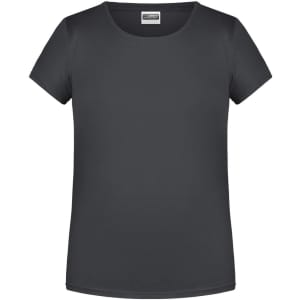A black short-sleeved t-shirt with a round neckline and a logo on the label.