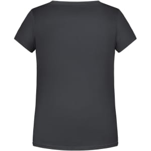 A plain grey girls' t-shirt with a crew neckline and short sleeves, featuring a logo on the back.