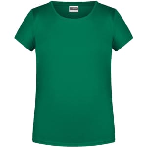 A green basic T-shirt with a round neckline and short sleeves, featuring a branding logo.