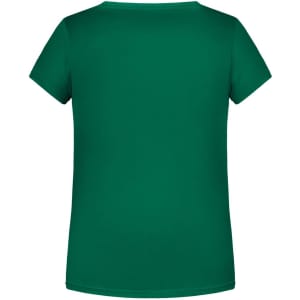 A green basic T-shirt featuring a simple crew neck and short sleeves, with a logo on the back.