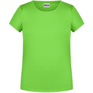 A vibrant green T-shirt with a round neckline and short sleeves, featuring a logo on the label.