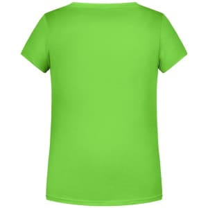 A green t-shirt with short sleeves and a plain back. It features a branding logo.