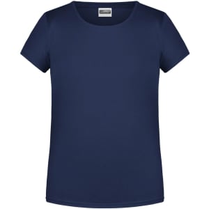 A navy blue T-shirt with a round neckline and short sleeves, featuring a logo on the label.