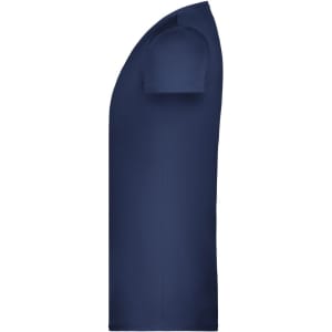 A navy blue T-shirt with short sleeves, featuring a side view and a branding logo.