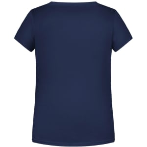 A navy blue girls' basic T-shirt with a simple round neckline and short sleeves, featuring a branding logo.