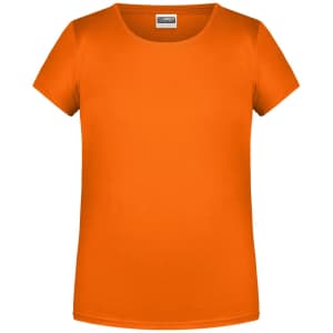 An orange basic T-shirt with a round neckline and short sleeves, featuring a logo on the label.
