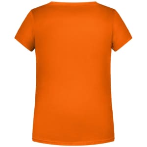 An orange girls' basic T-shirt with a classic short-sleeve design and a plain back. It features a logo.