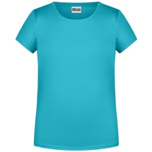 A teal basic t-shirt with a round neckline and short sleeves, featuring a logo on the label.