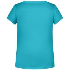 A teal basic T-shirt with short sleeves and a round neckline, featuring a branding logo.