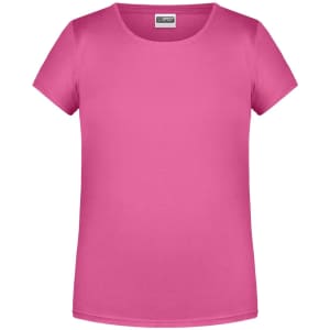 A plain pink t-shirt with a round neckline and short sleeves. It features a branding logo on the label.