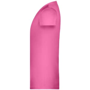 A pink T-shirt with short sleeves, featuring a design element on the side. It has a branding logo.