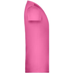 A pink basic T-shirt featuring a crew neckline and short sleeves. The shirt has one logo on it.