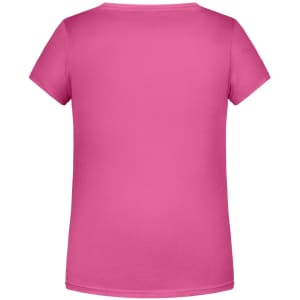 A pink short-sleeve T-shirt with a plain back and a logo.