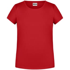 A red T-shirt for girls with a round neckline and short sleeves, featuring a logo.