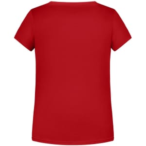 A red T-shirt with a standard cut and short sleeves, featuring a plain back. It includes a branding logo.