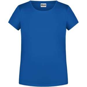 A blue basic t-shirt for girls with a crew neck and short sleeves. It features a branding logo.