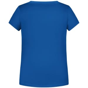 A blue T-shirt with short sleeves and a rounded neckline, featuring a plain back design.
