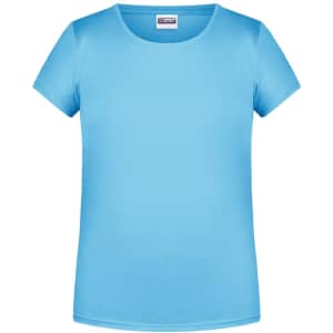 A blue T-shirt with short sleeves and a round neckline. It includes a logo on the label.