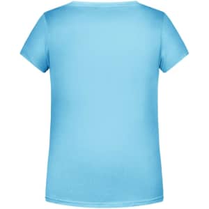 A light blue girls' basic T-shirt with a round neck and short sleeves, featuring a small logo.