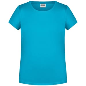 A bright aqua blue short-sleeve T-shirt with a round neckline and a simple design. Features a logo on the label.
