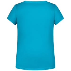 A bright turquoise girls' T-shirt with a classic crew neckline and short sleeves, featuring a logo on the back.