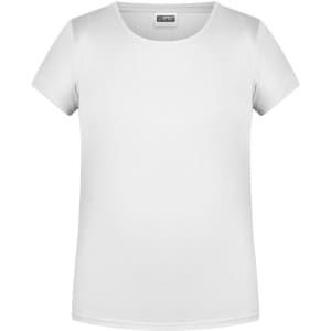 A plain white T-shirt with short sleeves and a round neckline. It features a logo on the inside label.