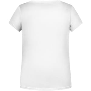 A plain white T-shirt with short sleeves and a simple design, featuring a logo on the back.