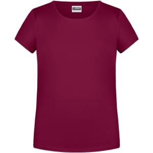 A burgundy women's t-shirt with a round neck and short sleeves. The shirt features a logo.