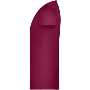 A side view of a maroon girls' basic T-shirt. The shirt features short sleeves and has a logo.