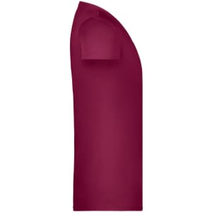 A maroon T-shirt with short sleeves displayed from the side. The shirt has a simple design and features a logo.