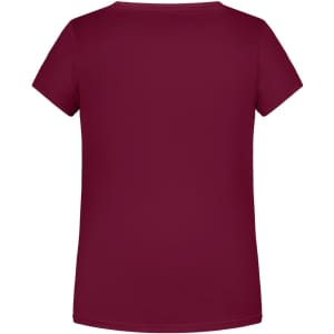 A burgundy T-shirt with a classic crew neck and short sleeves. The back view features a plain design with a logo.