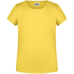 A yellow basic T-shirt with a round neckline and short sleeves. It features a logo on the label.