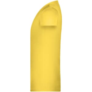 A yellow T-shirt shown from the side, featuring a short sleeve design and a simple shape. It has a logo on it.