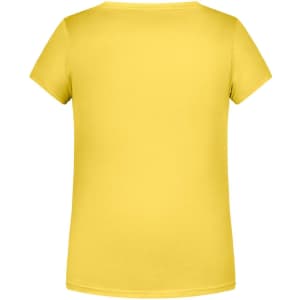 A yellow basic t-shirt with short sleeves and a round neckline, featuring a logo on the back.