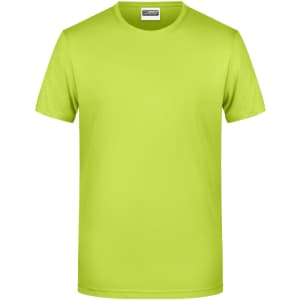 A bright lime green men's t-shirt with a round neck and short sleeves. It features a logo on the label.