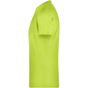 A side view of a bright lime green men's t-shirt with a simple design and no visible logo.